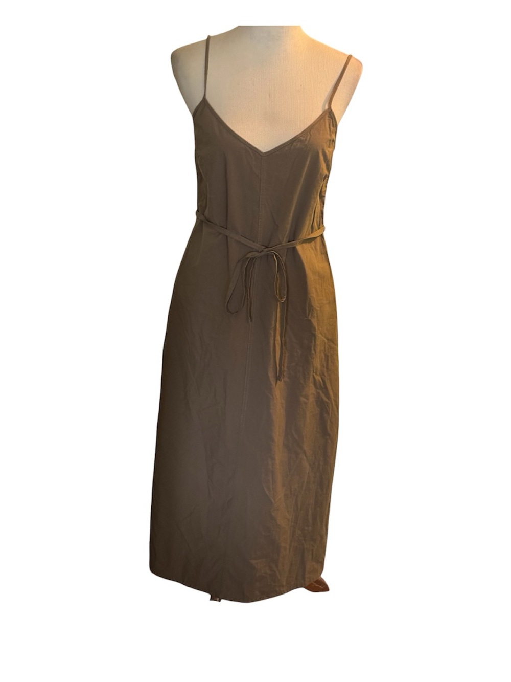 Buck Mason Small Cotton Olive-Tone Slip Dress with Tie Waist Adjustable Straps
